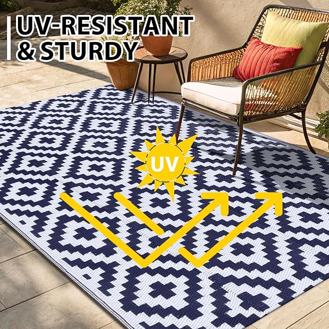 Smiry Waterproof Outdoor Rug 6x9 ft, Reversible Plastic Straw Patio Camping Rugs, Outdoor Indoor RV Mat Carpet for Patio, Outside Entry, Backyard, Deck, Bench, Picnic, Camper, White & Navy