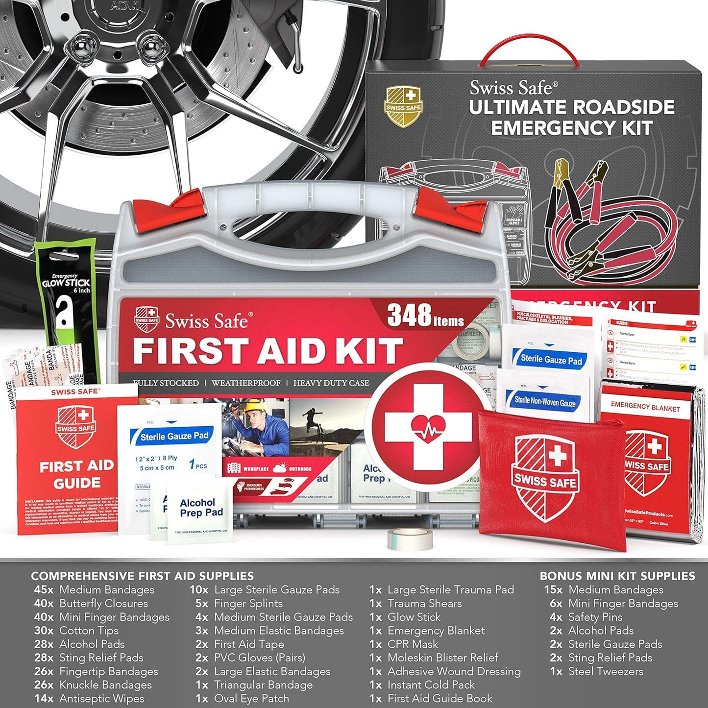Swiss Safe 2-in-1 First Aid Kit for Car, Travel & Home, Businesses - Bonus Mini Kit for Medical Emergency Aid, Survival, Camping - 64 Piece, Travel FAK
