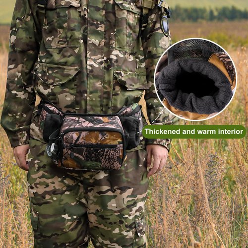 RunNico Hunting Camo Fanny Pack, Waterproof Camouflage Waist Pack Bags with Handwarmer and Adjustable Belt, Lightweight Hunting Waist Pouch Bag for Winter Outdoor Hiking Climbing Fishing Accessories