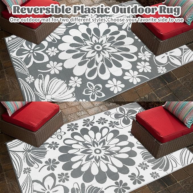 Ileading Outdoor Plastic Straw Rug 9x12ft Funny Floral Style Reversible Patio Area Rugs Waterproof Non Shedding Portable Carpets for Rv Outside Deck Pool Beach Picnic Camping (Grey)