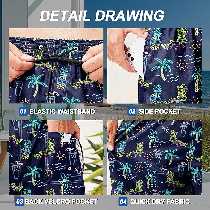 Mens Swim Trunks Quick Dry Board Shorts with Mesh Lining, Breathable Surf Beach Shorts Swimwear Bathing Suits