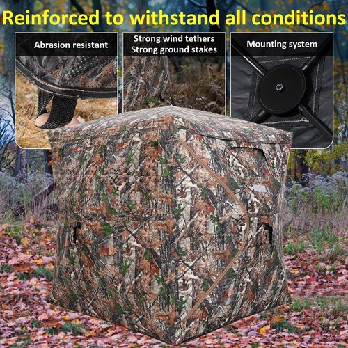 Portable Hunting Blind 270° See Through with Carrying Bag, 2-3 Person Pop Up Ground Blinds with Silent Zipper Door & Sliding Windows, Resilience Hunting Tent for Deer & Turkey Hunting