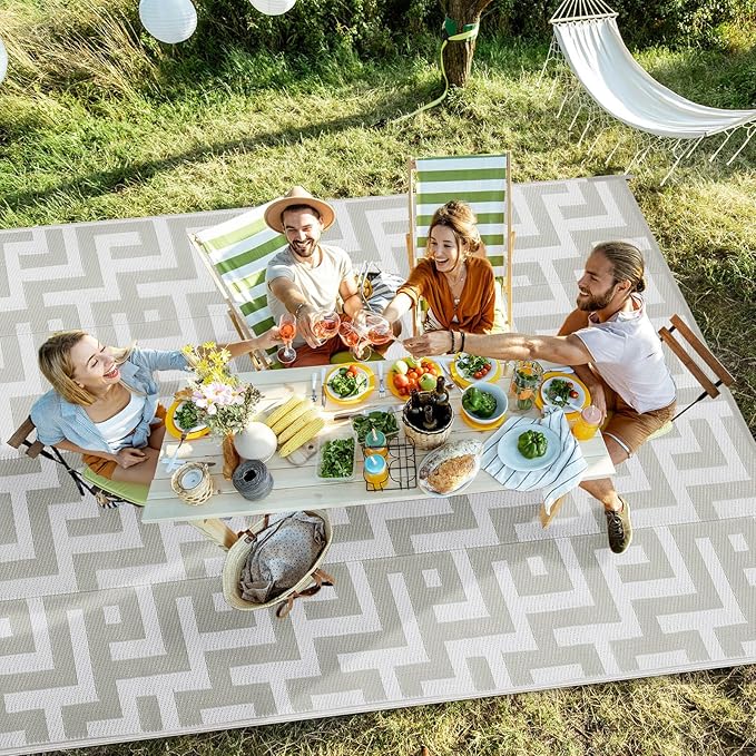 Outdoor Patio Plastic Straw Rug - 4'x6' Outdoor Camping Rug Waterproof Reversible, Area Carpet Patios Clearance RV, Outside Porch Balcony Deck for Camper, Grey & White