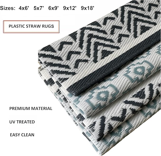BalajeesUSA Outdoor Plastic Patio Rugs – 6x9, Grey, Teal, Durable and Affordable Multipurpose Woven Plastic Straw Recycled All-Weather and Waterproof Rug Reversible Camper Mats 7018