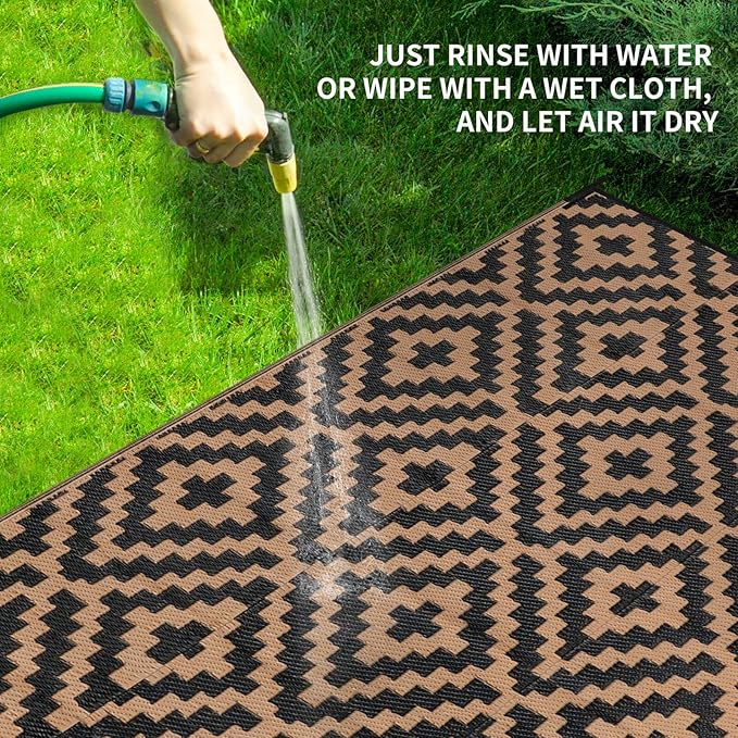 Outdoor Patio Plastic Straw Rug - 4'x6' Outdoor Camping Rug Waterproof Reversible, Area Carpet Patios Clearance RV, Outside Porch Balcony Deck for Camper, Black & Brown