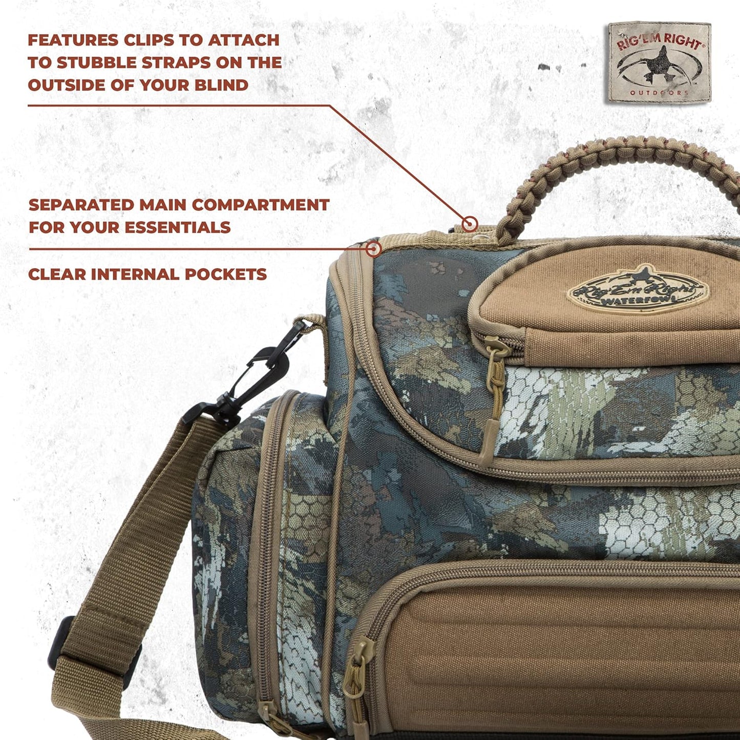 Rig'Em Right Waterfowl Lock and Load Duck Hunting Blind Bag with Molded Ammo Compartments, Sunglasses Case, Drink Holder and More (Optifade Marsh Camo)
