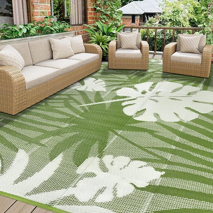 Homcomoda Outdoor Rugs 9’x12’ Waterproof Reversible Patio Rugs Outdoor Clearance Lightweight Outdoor Rugs Portable RV Camping Mats for Tents Deck Porch BBQ Beach Backyard