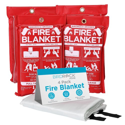 BIRDROCK HOME Fire Blanket for Home and Kitchen | Emergency Supplies for Small Fires | CE Safety Standard Approved | Fiberglass Fire Suppression, Mess-Free | Ideal for Camping Vehicle Kits | 4 Pack