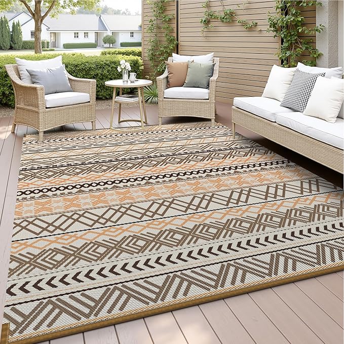 MontVoo Outdoor Rug Carpet Waterproof-Patio Rug Mat 5x8 Reversible RV Camping Rug Picnic Mat Plastic Straw Outside Rug for Balcony Porch Deck Beach-Boho Outdoor Area Rug for Patio Decor Colorful