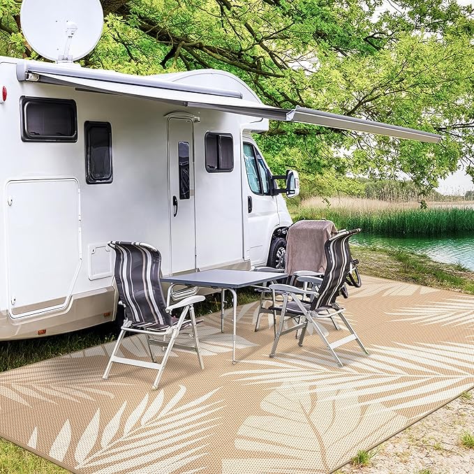 GENIMO Outdoor Rug 10' x 14' Waterproof for Patios Clearance, Reversible Outdoor Plastic Straw Camping Rug Carpet, Large Area Rugs Mats for RV, Camper, Deck, Balcony, Porch, Beach, Brown&Beige