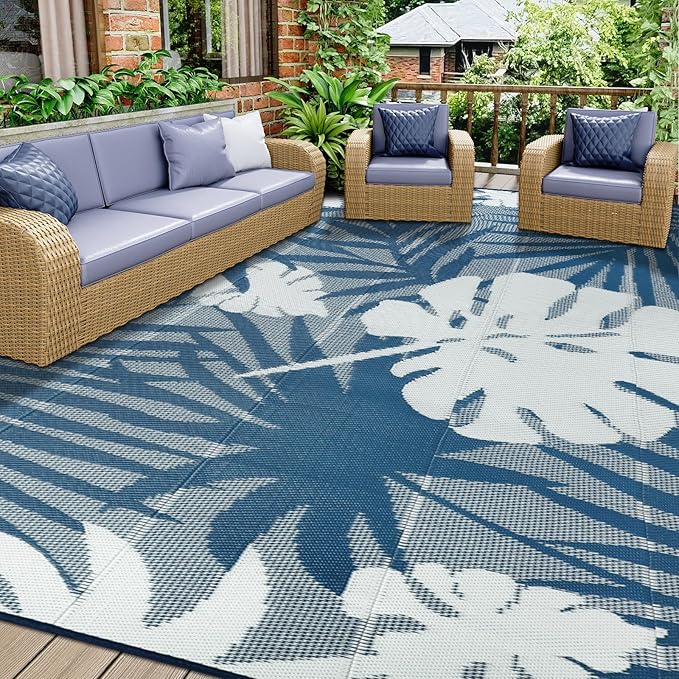 Homcomoda Outdoor Rugs 9’x12’ Waterproof Reversible Patio Rugs Outdoor Clearance Lightweight Outdoor Rugs Portable RV Camping Mats for Tents Deck Porch BBQ Beach Backyard