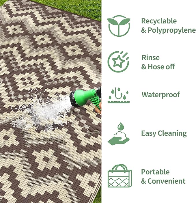 GENIMO Outdoor Rug Waterproof 9x12 ft, Lightweight Plastic Straw Rugs, Outside Reversible Large Mat Carpet for Patio, Camping, RV, Deck, Balcony, Porch, Backyard, Coffee & Beige