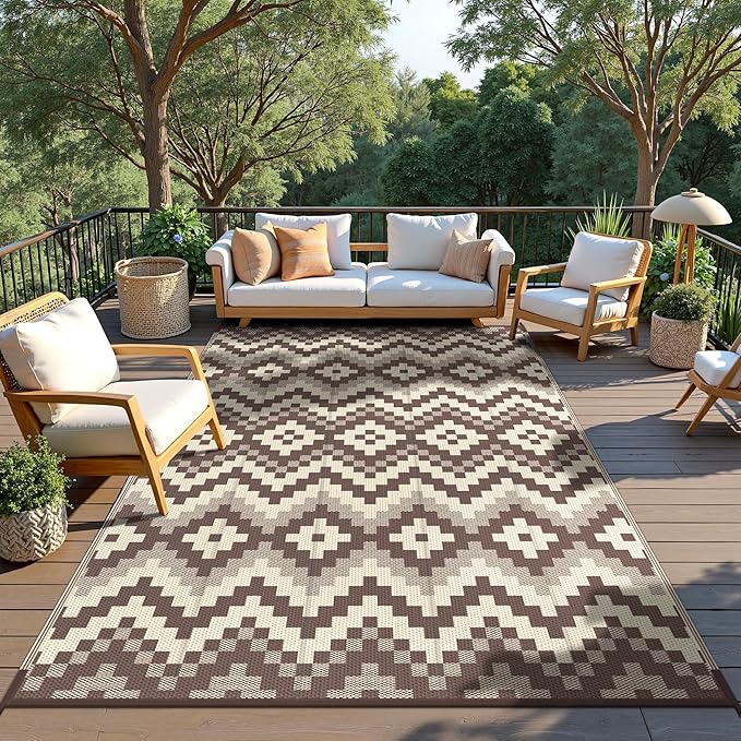 GENIMO Outdoor Rug for Patio, 5' x 8' Lightweight Waterproof Plastic Straw Rugs, Reversible Camping Carpet, Large Area Rugs Mat for RV, Deck, Balcony, Porch, Backyard, Coffee & Beige