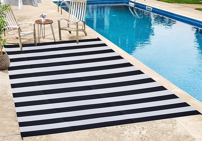 FH Home Outdoor Rug - Waterproof, Fade Resistant, Reversible - Premium Recycled Plastic - Striped - Patio, Deck, Porch, Balcony, Laundry Room - Brittany Stripe - Black & White Crease Free - 4 x 6 ft
