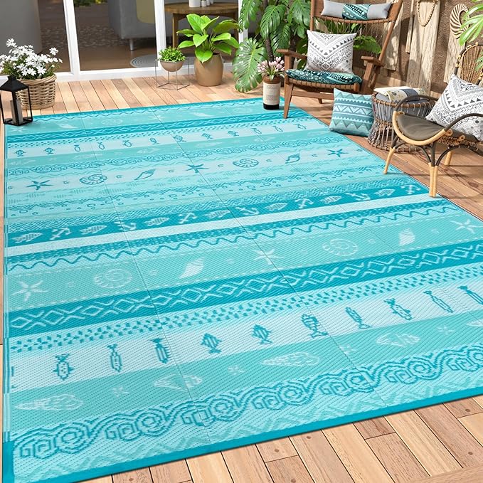 Lahome Outdoor Plastic Straw Rug, Reversible Outdoor Rug Waterproof 9x12 Rugs for Patio, RV Camping Rug Picnic Mat Outside Large Carpet for Beach Deck Backyard Balcony(Blue/Multi,9'x 12')