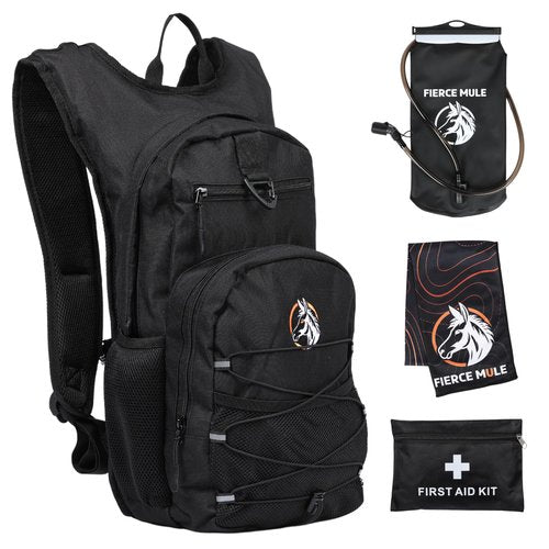 Fierce Mule Hydration Backpack 18L with First Aid Kit, 3L Water Bladder & Cooling Towel - Lightweight Hydration Daypack for Biking, Running, Hiking, Camping, Raves