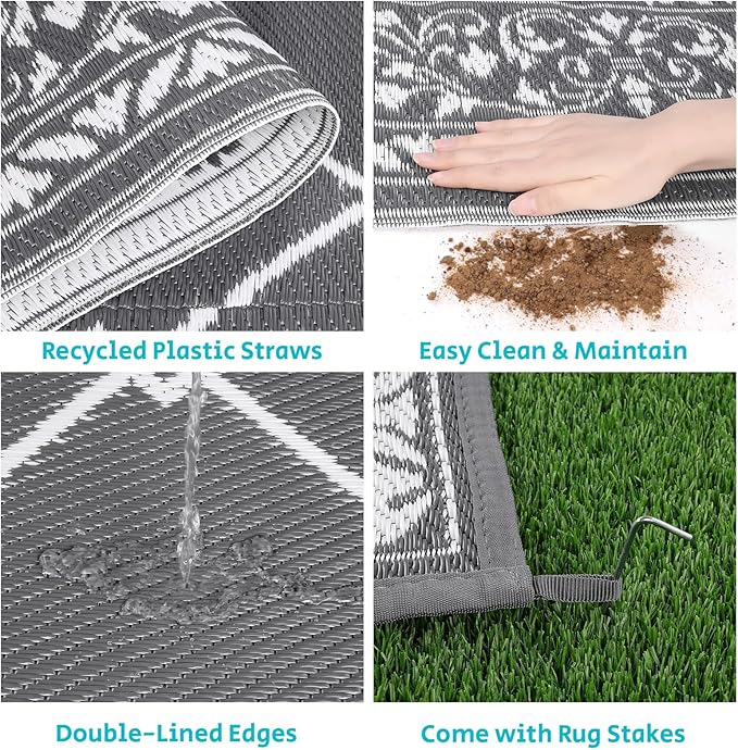 HEBE Outdoor Rug 6'x9' for Patios Waterproof Clearance Reversible Patio Mat Plastic Straw Rug RV Camping Mat Outside Area Rug Carpet for Camping RV,Porch,Deck,Balcony,Camper,Backyard