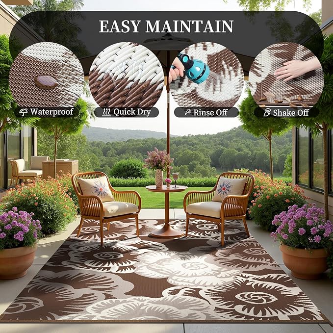 MontVoo Outdoor Rug-Waterproof Patio Rug Mat 6x9 Outdoor Carpet Mat Reversible Plastic Straw Outside Outdoor Rug for RV Camping Picnic Beach Balcony Backyard Pool Deck Farmhouse Floral Beige Brown