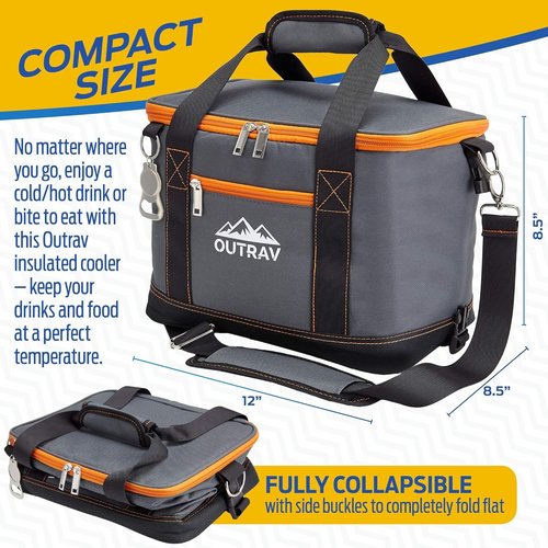 Collapsible Insulated Cooler Bag – 6L Thermal Lunch Bag with Bottle Opener, 16 Can Capacity – Perfect For Camping, Picnics and Travel - Handles and Removable Shoulder Strap - By Outrav
