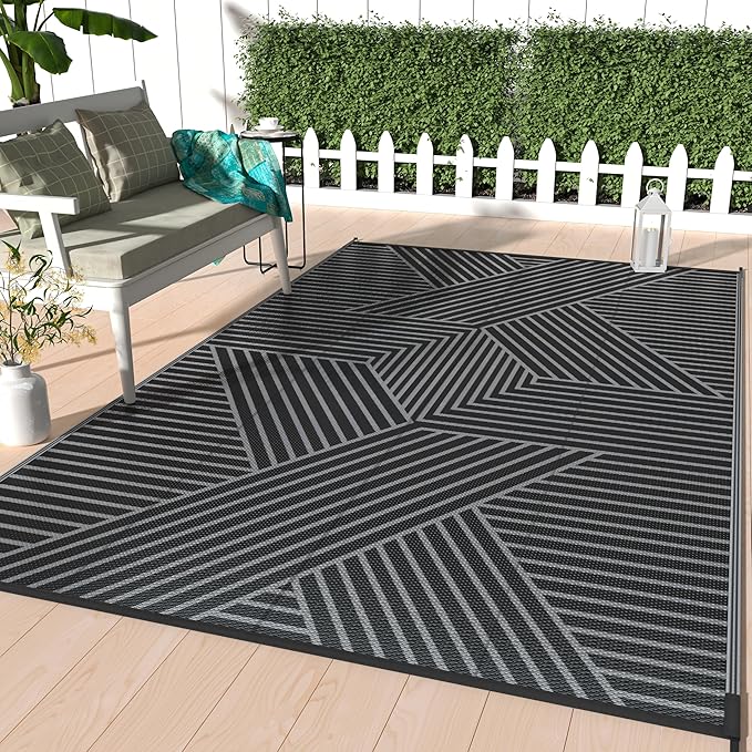 GENIMO Outdoor Rug 5'x8' for Patio Waterproof Clearance, Reversible Outdoor Plastic Straw Rug, Lightweight Carpet Camping Mat for Rv, Camper, Picnic, Balcony, Backyard, Deck, Porch, Black & Gray