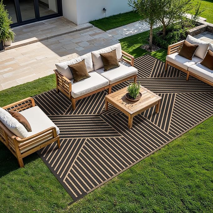 GENIMO Outdoor Rug 9'x12' for Patio Waterproof Clearance, Reversible Outdoor Plastic Straw Rug, Lightweight Carpet Camping Mat for Rv, Camper, Picnic, Balcony, Backyard, Deck, Porch, Black & Brown
