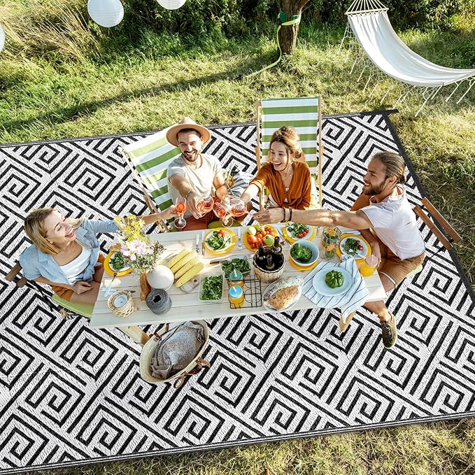 Outdoor Patio Plastic Straw Rug - 6'x9' Outdoor Camping Rug Waterproof Reversible, Area Carpet Patios Clearance RV, Outside Porch Balcony Deck for Camper, Stripe Black & White