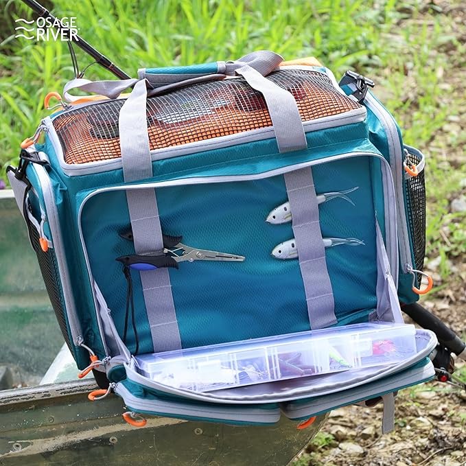 OSAGE RIVER Fishing Tackle Bag with Tackle Boxes, Saltwater Fishing Gear Bag, Tackle Box Organizer with Waterproof Non-Slip Bottom, Padded Shoulder Strap, and Fishing Pliers, Fishing Gifts for Men