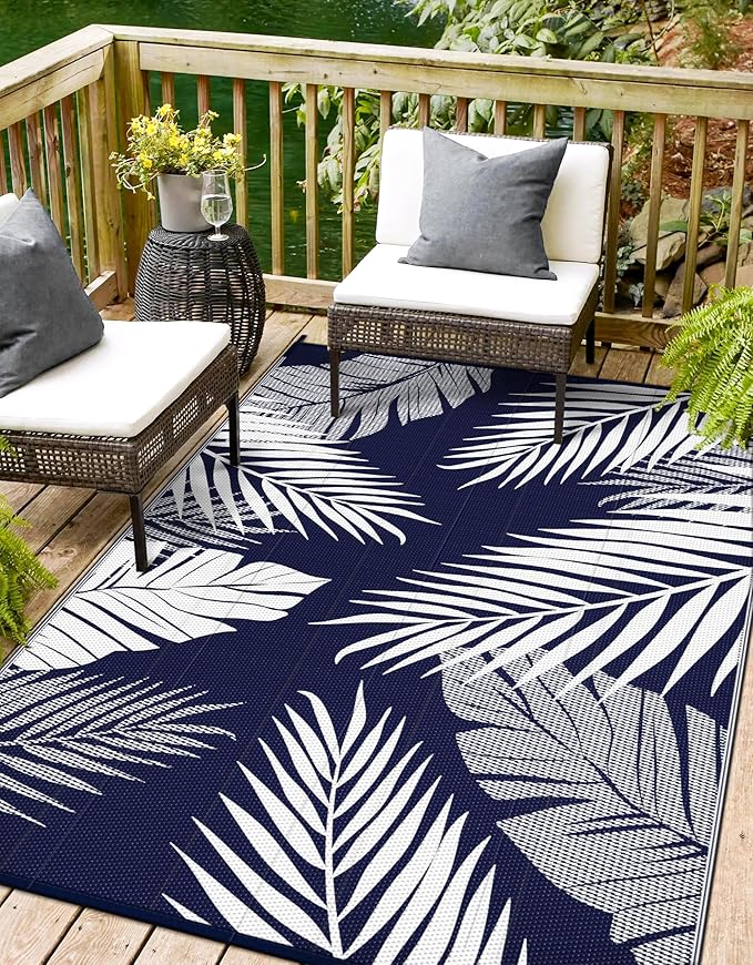 Outdoor Rug 5' x 8' for Patio Waterproof Clearance, Reversible Indoor Outdoor Plastic Straw Camping Rug Carpet, RV Mat, Large Area Rug for Deck, Backyard, Balcony, Porch, Navy Blue and White
