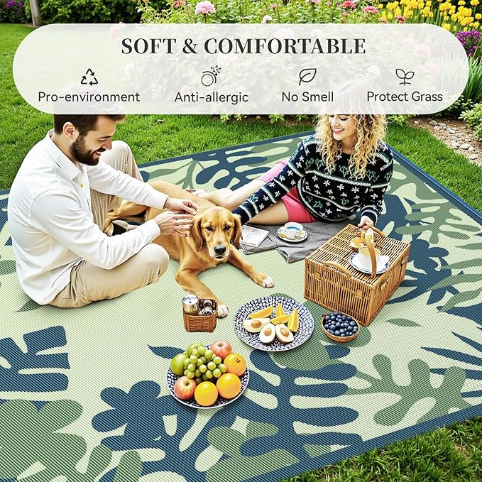 MontVoo Outdoor Rug Waterproof 8x10 ft RV Outdoor Rug for Camping Picnic Mat Outdoor Patio Rug Carpet Plastic Straw Reversible Floral Teal Blue Green