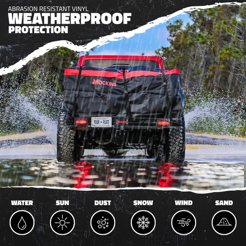 Mockins XXL 70"x30"x6" Folding Trailer Hitch Cargo Carrier w/Rear Lights, License Plate Bracket & 40 Cu Ft Waterproof Cargo Bag for Hitch Carrier | 500 Lbs Cap Car Trailer Basket Set w/Accessories