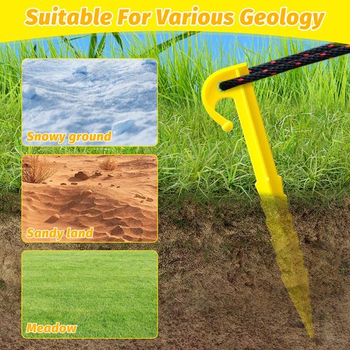12 Pack Plastic Tent Stakes,5.7 inches, Ideal for Sand, Camping, Backpacking, Beach, Garden, and Lawn use. Durable, Rust-Resistant, and Reliable Support.(Yellow)