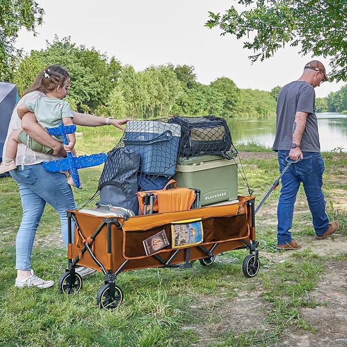 TIMBER RIDGE 51.2'' Extended Collapsible Wagon Cart with Brakes and Cargo Net, 350LBS Heavy Duty Foldable Utility Wagon with Adjustable Handle, 400L Capacity Portable Cart for Camping Sports Shopping