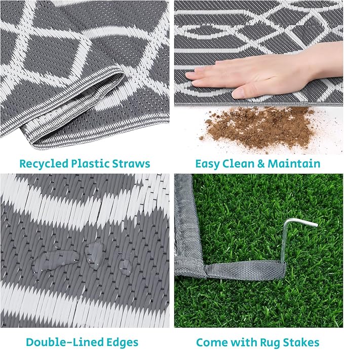 HEBE Outdoor Rug 9'x12' for Patios Waterproof Clearance Reversible Patio Mat Plastic Straw Rug RV Camping Mat Outside Area Rug Carpet for Camping RV,Porch,Deck,Balcony,Camper,Backyard