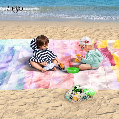 Zingtto Silky Soft 108"x84" Sand Proof Beach Blanket Sand Proof Mat with Corner Pockets and Fashion Mesh Bag for Beach Party, Travel, Camping and Outdoor Music Festival, Oil Paint Rainbow