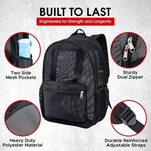A CENTER Mesh Backpack,See Through Backpack with Padded Shoulder Straps for Work,Travel, Security, Swimming and Beach - Grey/Turquoise/Sweet Coral