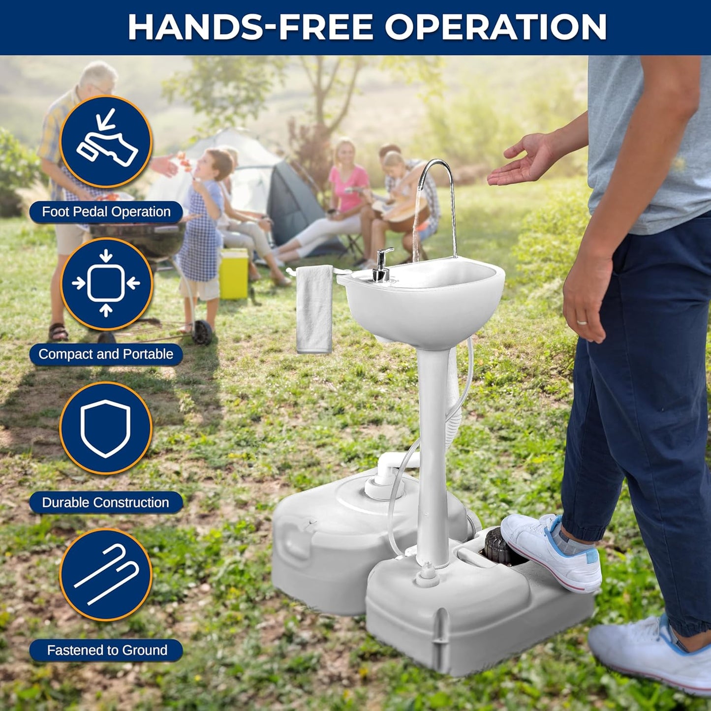 SereneLife Portable Camping Sink with 19L (5+ Gallon) Water Tank, Hands-Free Foot Pump, Soap Dispenser & Towel Holder, Compact Design with Carry Handle – Perfect for Camping, Worksites, Outdoors