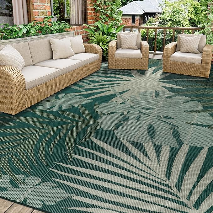 Homcomoda Outdoor Rugs 8’x10’ Waterproof Reversible Patio Rugs Outdoor Clearance Lightweight Outdoor Rugs Portable RV Camping Mats for Tents Deck Porch BBQ Beach Backyard