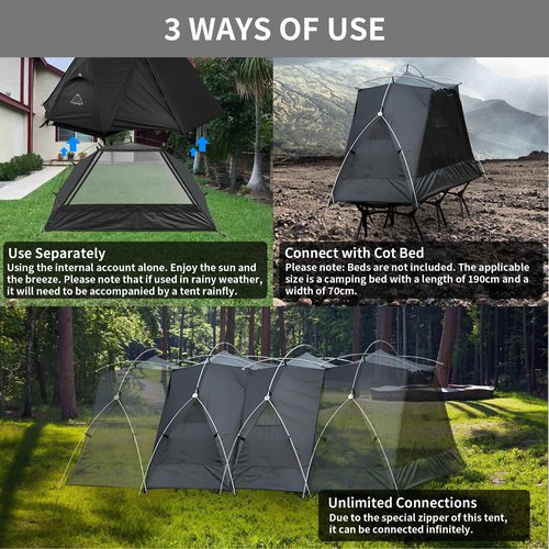 TENPLAY 1 Person Lightweight Camping Cot Tent with Carry Bag, Well-Ventilated Tents with Mesh Windows, Easy Setup, Infinity Expansion Inner Tent for Camping Traveling Hiking Backpacking Backyard