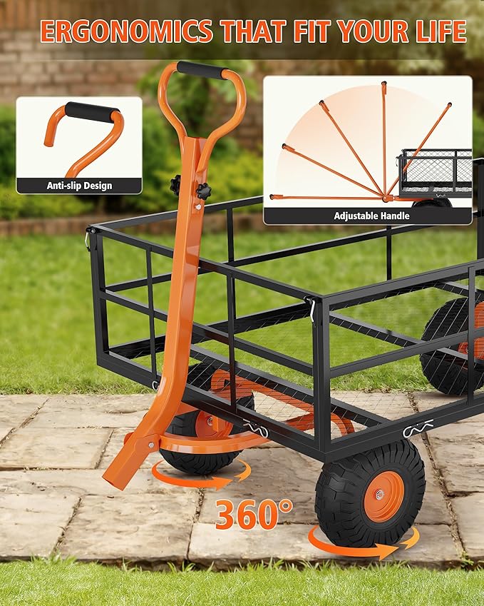 Heavy Duty 1200 Lbs Capacity Steel Garden Cart, Metal Utility Garden Carts and Wagons, with Removable Mesh Sides to Convert Into Flatbed, 2-In-1 Handle and 13" Tires