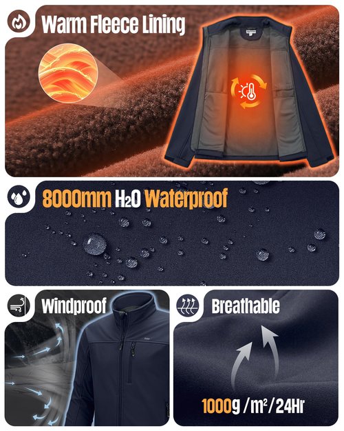 33,000ft Men's Waterproof Softshell Jacket Warm Fleece Lined Windbreaker Lightweight Soft Shell for Travel Hiking Golf