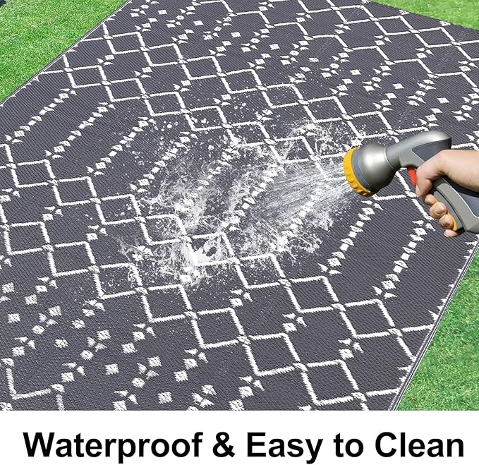 Smiry Outdoor Rug 8x10 ft, Waterproof Reversible Plastic Straw Rugs, Boho Outdoor Area Rug, Outside Floor Mat for Patio, Backyard, Deck, Picnic, Beach, Camping, Grey