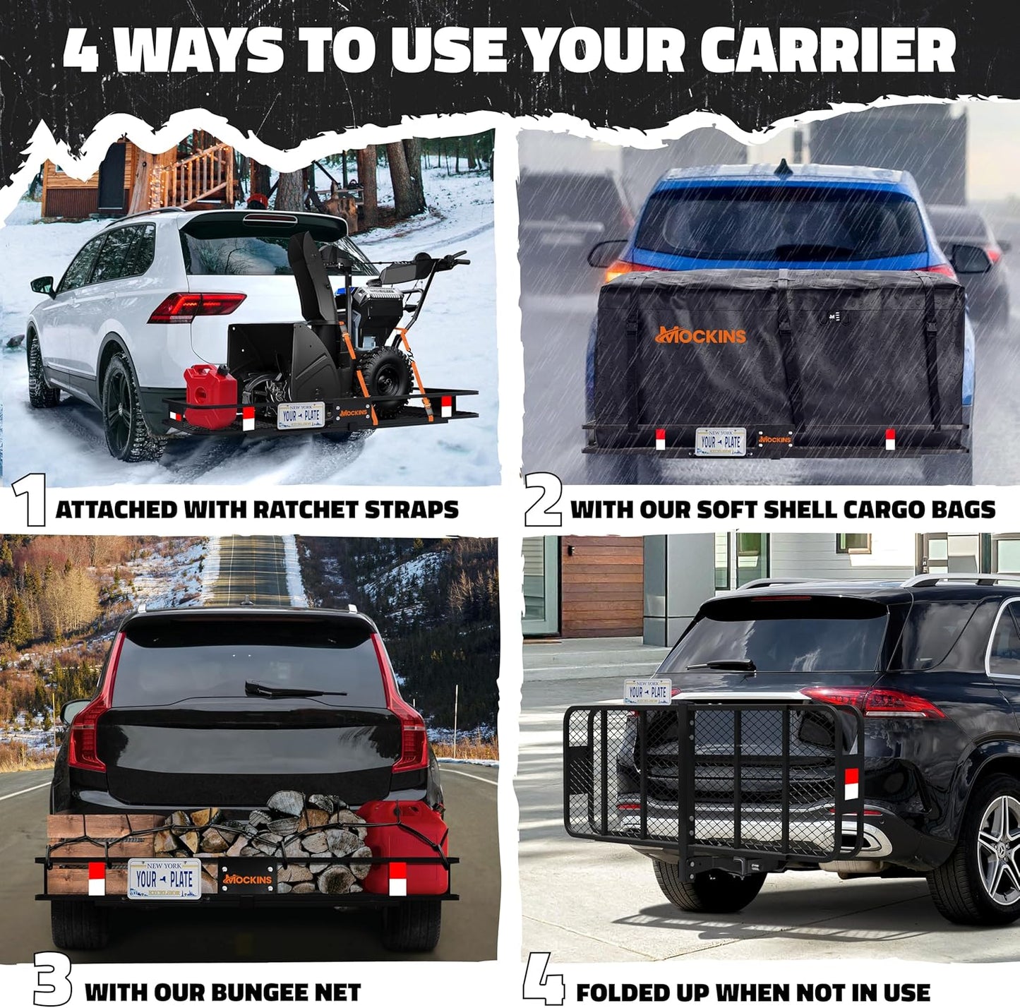 Mockins 60"x20"x6" Heavy Duty Trailer Hitch Cargo Carrier w/License Plate Holder & 16 Cu.Ft. Waterproof Cargo Bag for Hitch Carrier | All-Weather 500 Lbs Cap Folding Luggage Rack for SUV Car & Truck
