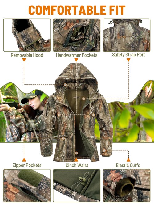 NEW VIEW Womens Hunting Clothes, Upgraded Ultra-Quiet Water Resistant Camo Hunting Jacket for Duck Waterfowl Deer Hunting, Nv Camo Leaf, Large