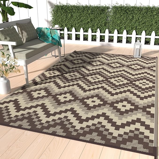 GENIMO Outdoor Rug Waterproof 9x12 ft, Lightweight Plastic Straw Rugs, Outside Reversible Large Mat Carpet for Patio, Camping, RV, Deck, Balcony, Porch, Backyard, Coffee & Beige