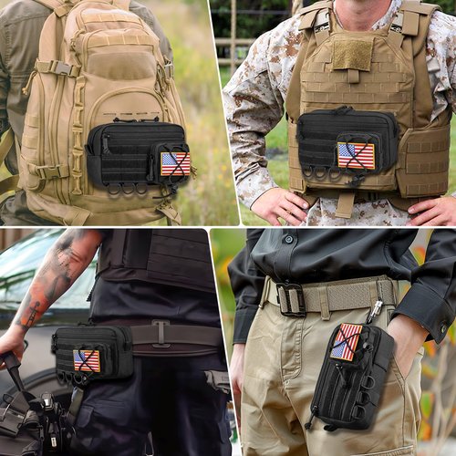 JIPIMON Tactical Molle Pouch, Water-Resistant Admin Pouch with US Flag Patch, Utility Molle Pouches for Tactical Vest Backpack (Black)