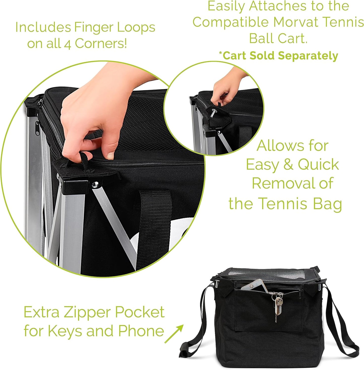 MORVAT Professional Tennis & Pickle Ball Hopper Holds 165 Balls Heavy-Duty Pro Sports Practice Cart, Foldable Portable Compact & Lightweight Zippered Pocket & Racket Holder, Carry Bag + 3 Tennis Balls