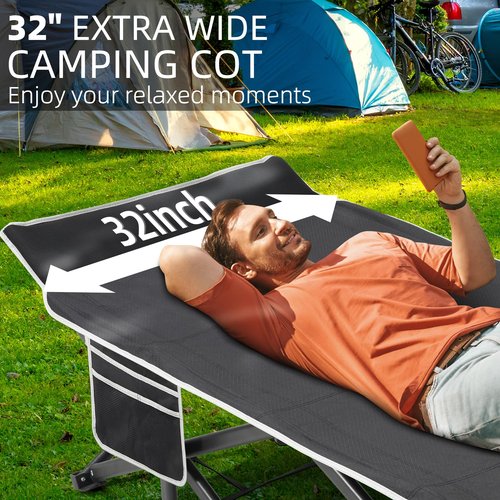 Fragess Portable Camping Cot, 32" Extra Wide Camping Cots for Adults with Thick Mattress, Heavy Duty Sleeping Cot Holds Up to 600LBS, Cots for Sleeping, Rv, Beach, Patio, Office Naps(Black)