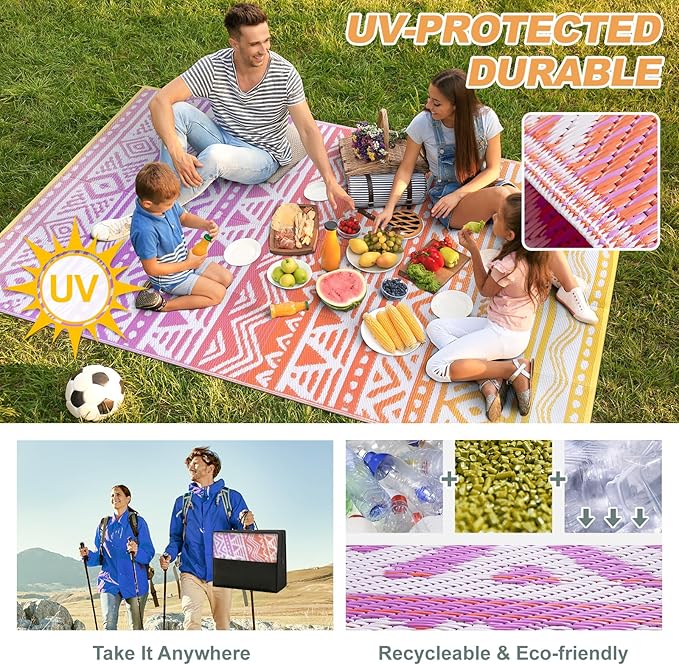 Lahome Outdoor Rug Waterproof, 6x9 Reversible Outdoor Plastic Straw Rug for Camping, RV Patio Rugs Large Carpet for Porch Deck Backyard Balcony Picnic(Orange/Purple,6'x 9')