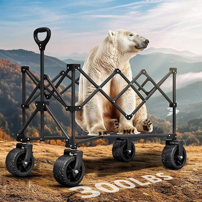 YITAHOME 300Lbs Large Collapsible Foldable Wagon, Heavy Duty Beach Wagon Cart Utility Wagon with 3.2in Wide All Terrain Wheels, Side Pocket, Cup Holder, Mesh Cover for Sports, Shopping, Camping - Gray