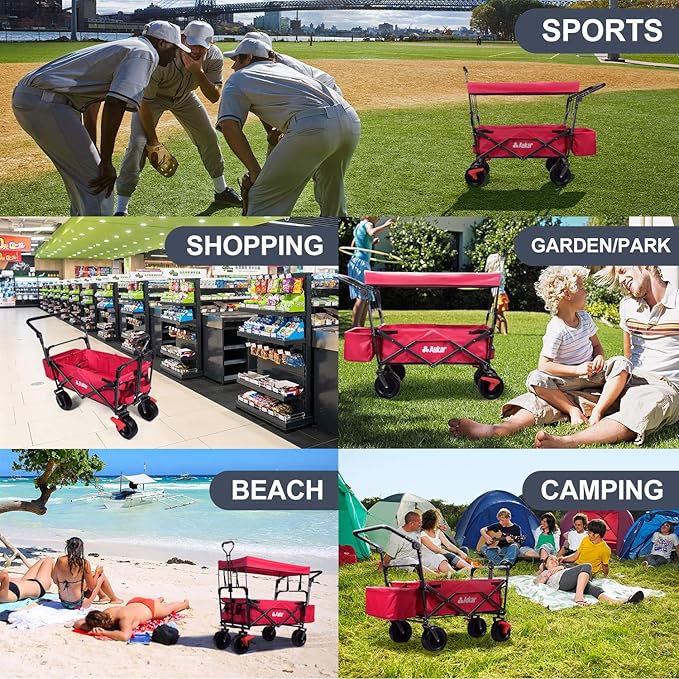 Collapsible Canopy Wagon - Heavy Duty Utility Outdoor Garden Cart - with Adjustable Handles , for Shopping, Picnic, Camping, Sports - Red